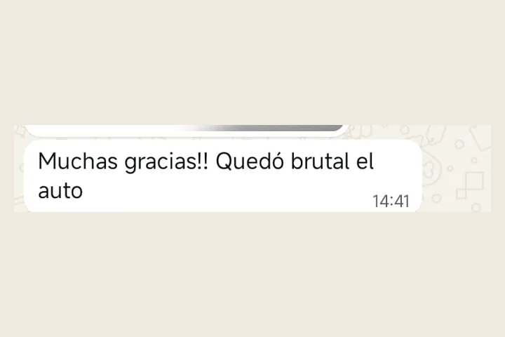 Mensaje de cliente agradeciendo porque el auto quedó muy bien