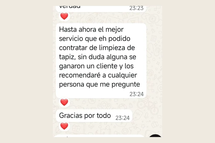Mensaje extenso de cliente recomendando la limpieza de tapiz