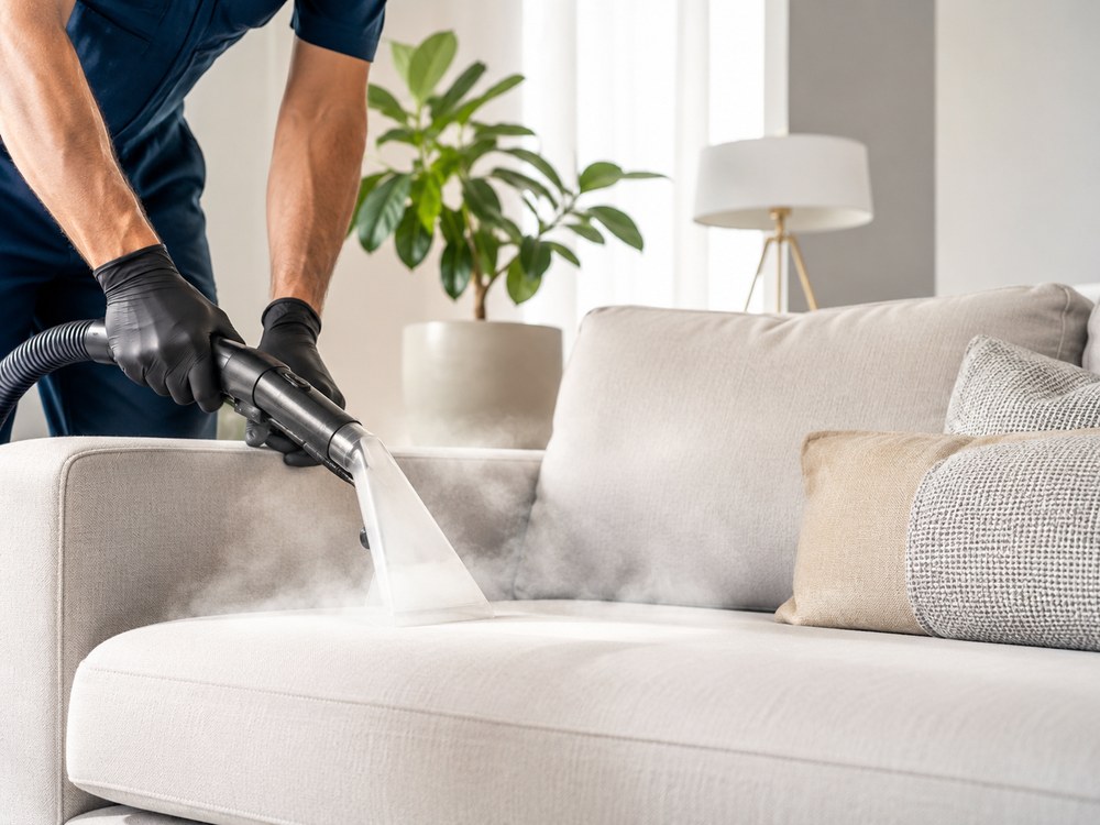 Limpieza profesional a vapor de un sofá y textiles del hogar